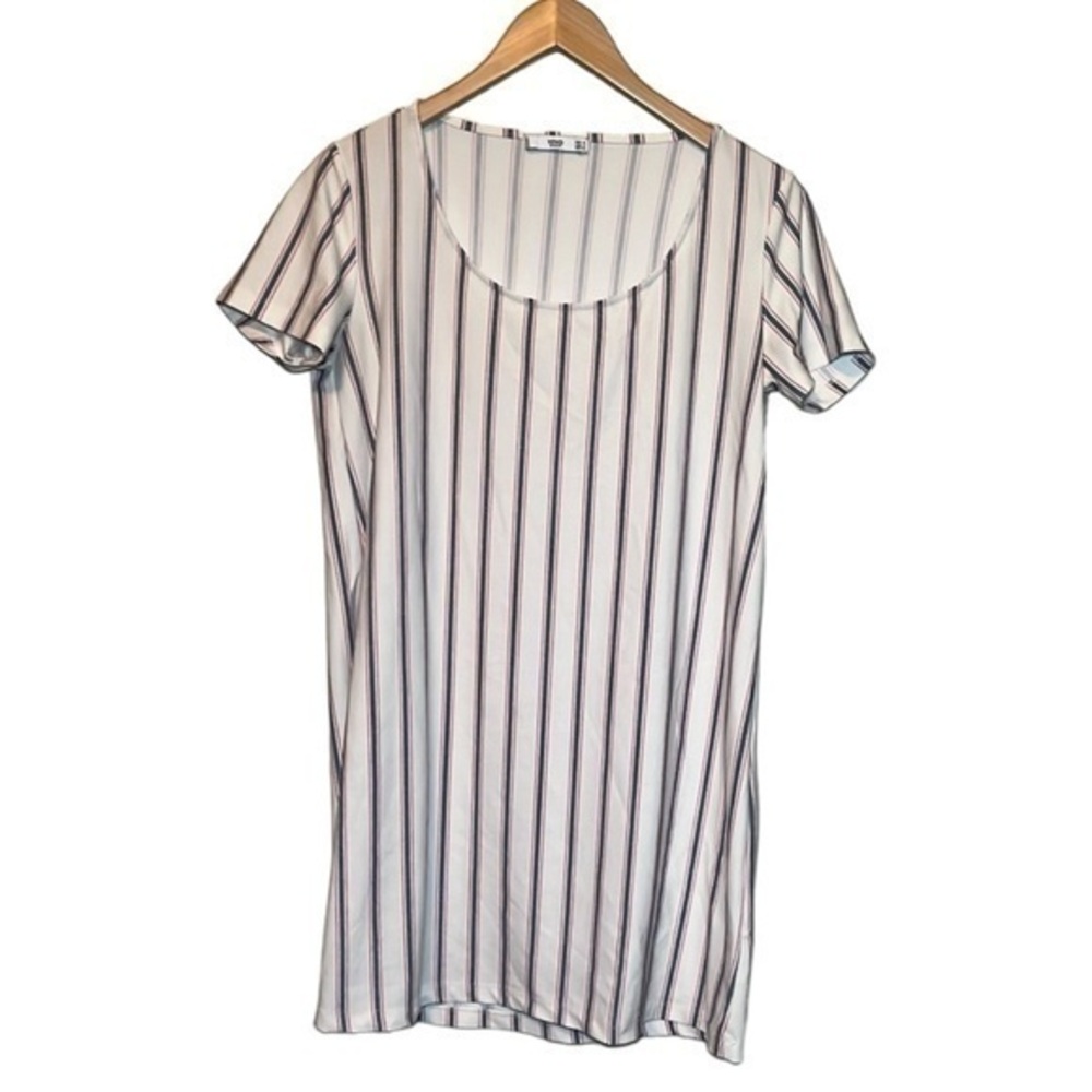 MNG Basics short sleeve tunic shirt, white with red/blue stripes, womens size 6